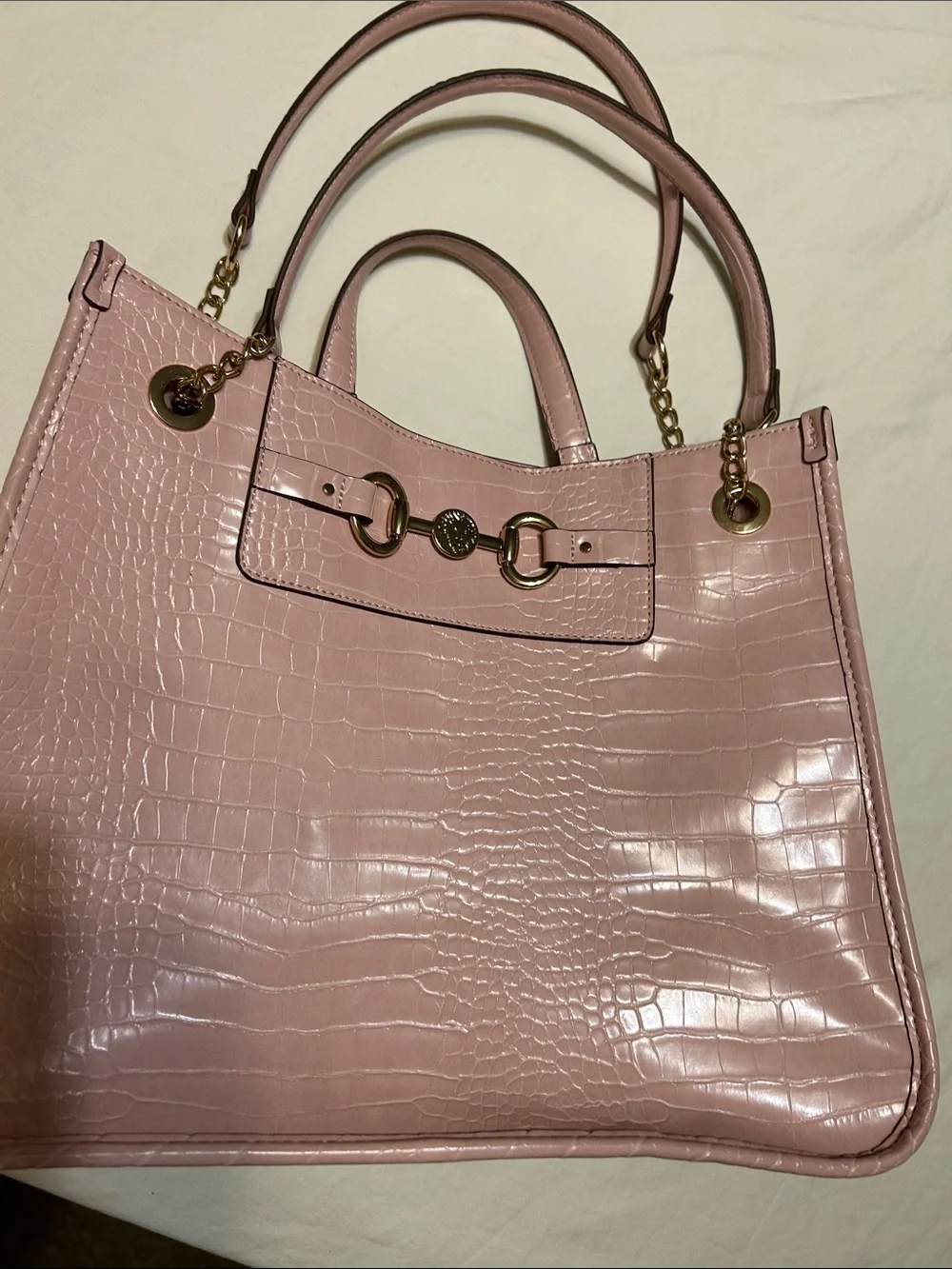Anne Klein Blush Pink Croc-Embossed Satchel with Gold Hardware